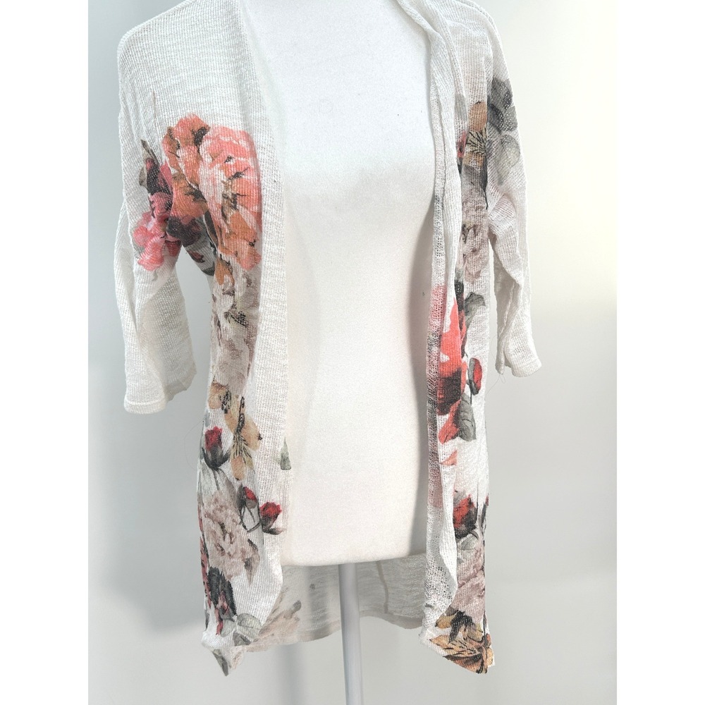 Live In The Moment Womens Floral Open Front Cardigan White Pink Orange Small